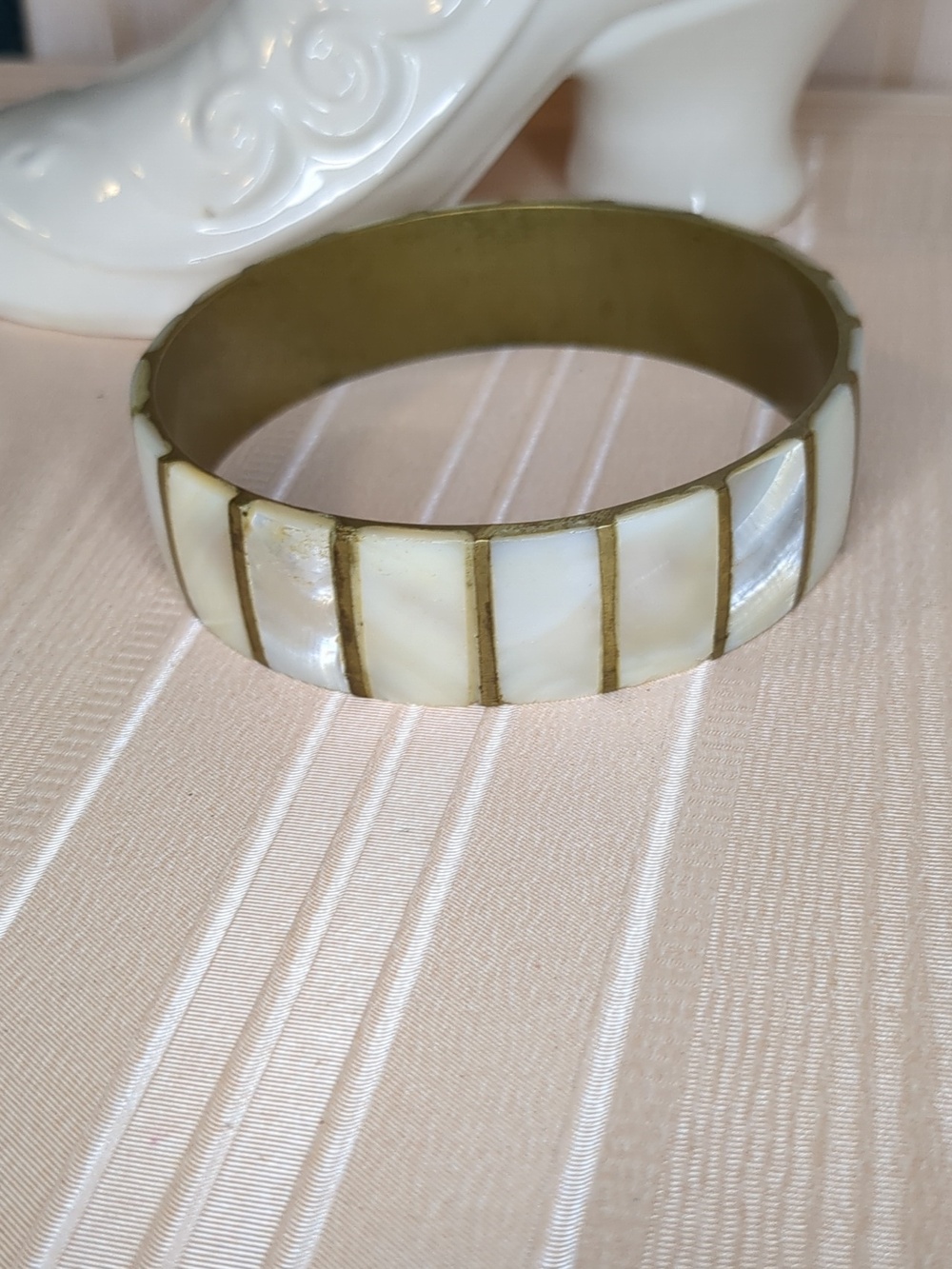 Vintage Bone Over Brass Boho Bangle Bracelet Metal Neutral Natural Jewelry